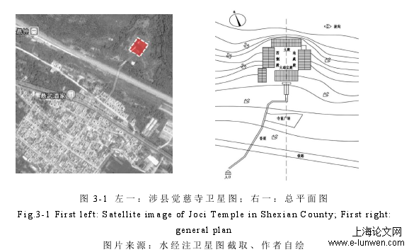 图 3-1 左 一 ：涉 县 觉慈 寺 卫 星 图 ； 右 一： 总 平 面图