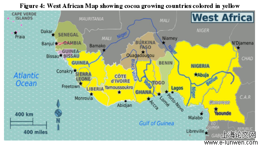 Figure 4: West African Map showing cocoa growing countries colored in yellow 