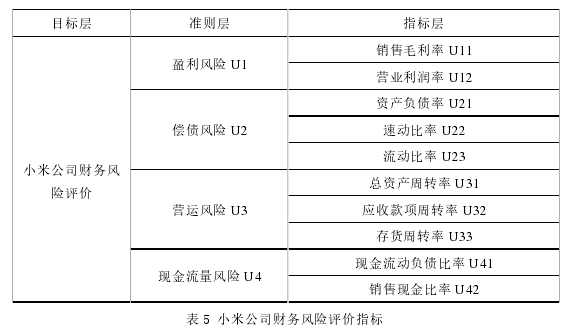 表 5  小米公司财务风险评价指标 